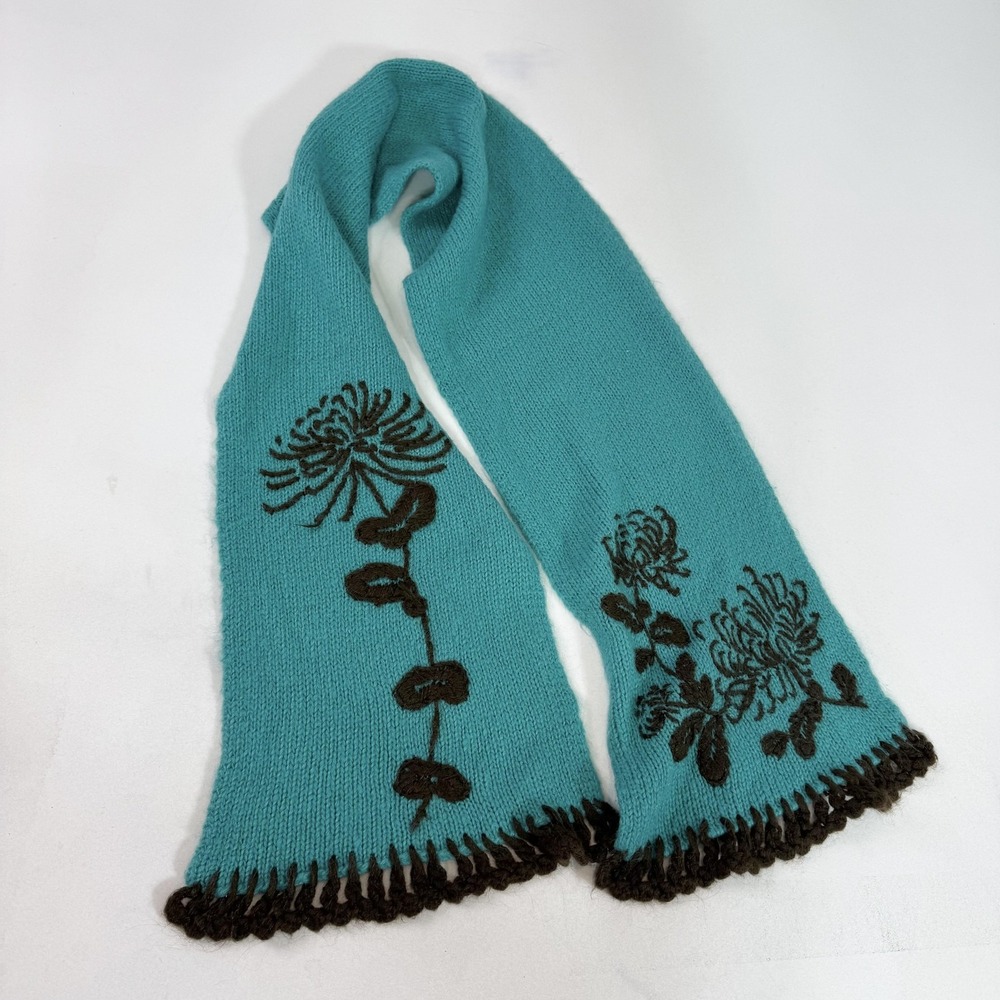 Wooden Ships Scarf Womens One‎ Size Teal Brown Knit Mohair Wool Floral Fringe